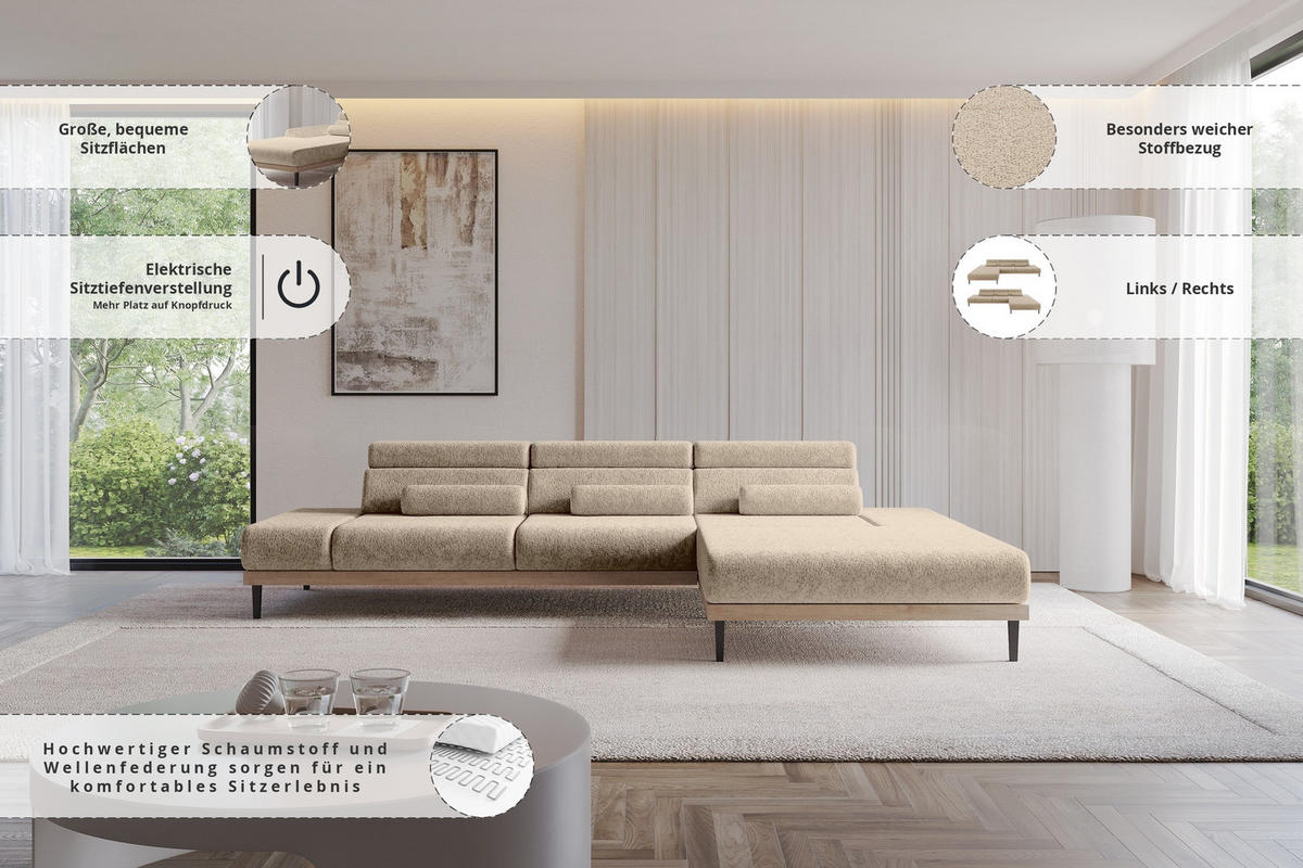 ELEKTRISCHES ECKSOFA Rechts MONA 316x205x85 Braun Velours - Braun, Holzwerkstoff/Textil (316/205cm) - ALTDECOR