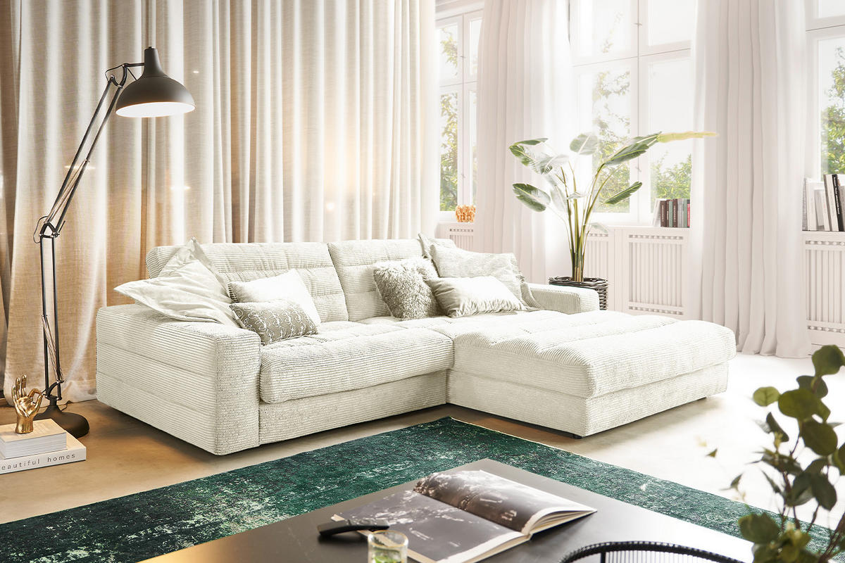 ECKSOFA LANA SOFA Cremeweiß Cord - Creme/Schwarz, Textil (296/205cm) - KAWOLA
