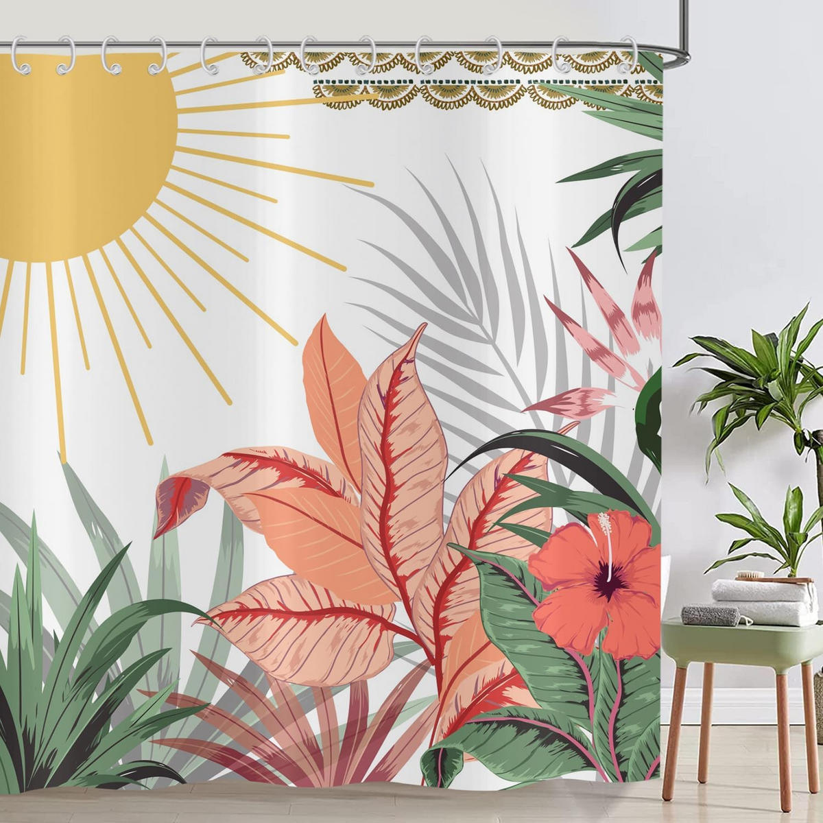 DUSCHVORHANG modern Blätter Grün Weiß abstrakt waschbar wasserdicht mit Haken - Multicolor, Textil (180/180cm) - MCBOSON