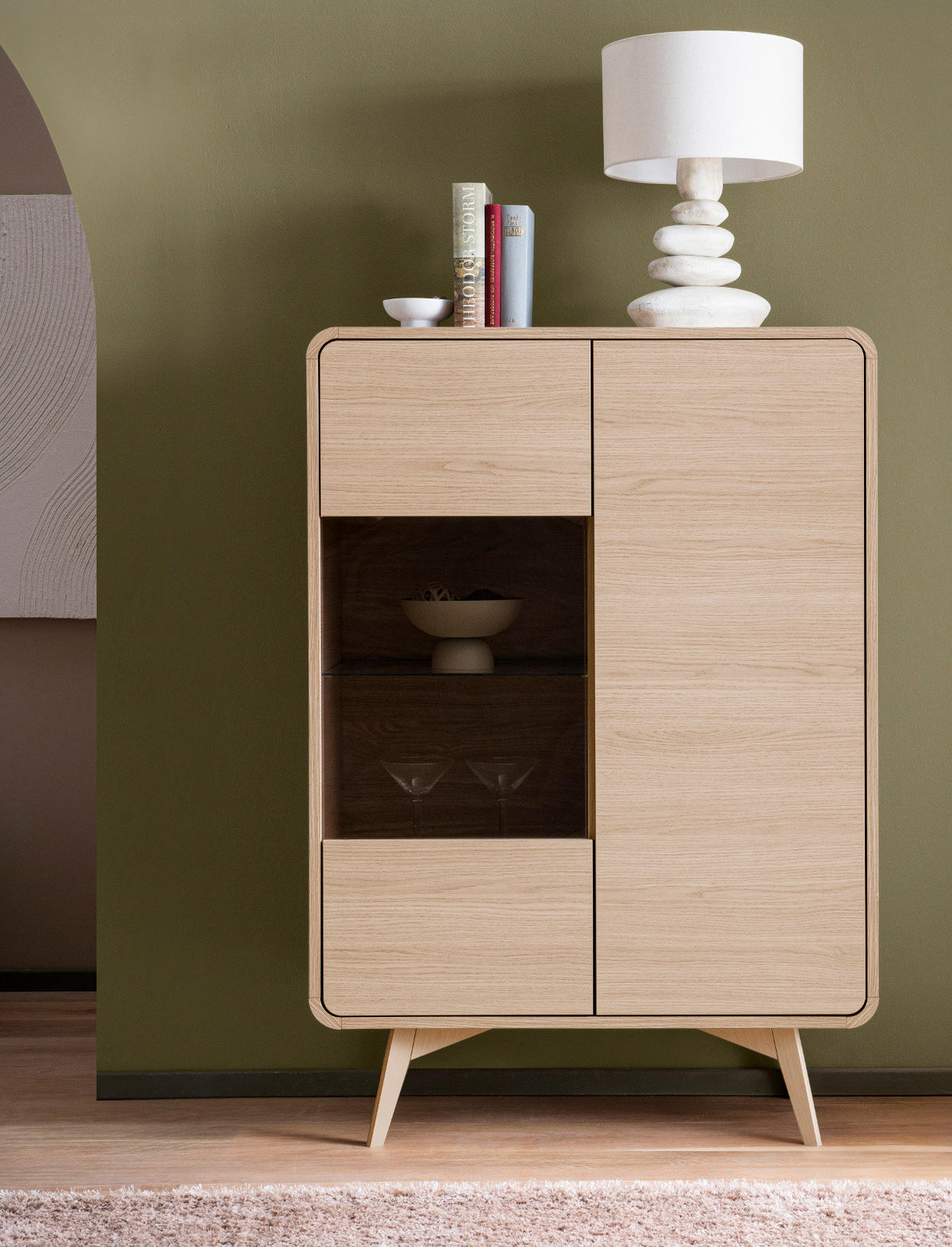 VITRINE Eiche natur skandinavisch 90 cm, Highboard mit Push-to-Open - Eichefarben, Glas/Holz (90/130/39cm) - Furn.Design