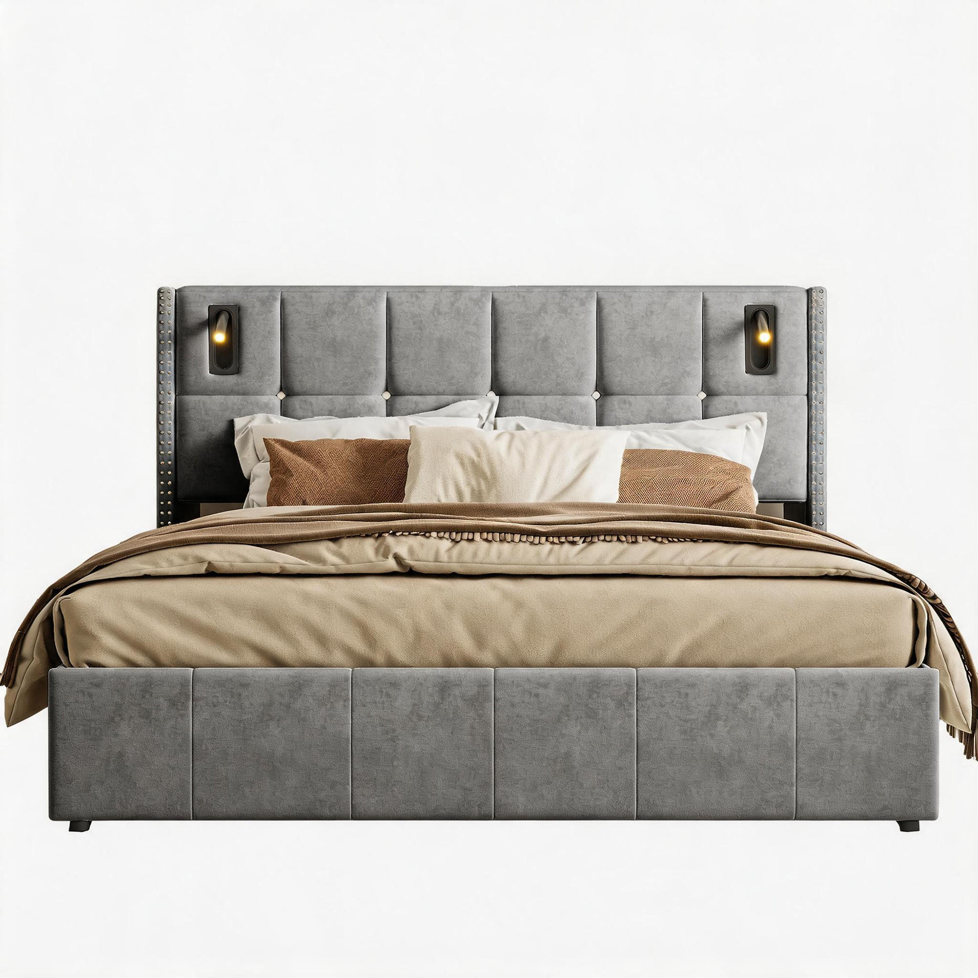 POLSTERBETT 160x200 cm mit Leselampe, Doppelbett 160x200, Nietenverzierung, Stauraum, Grau Samt - Grau, Textil/Metall (160/200cm) - GENKI LIVING