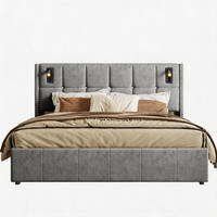 POLSTERBETT 160x200 cm mit Leselampe, Doppelbett 160x200, Nietenverzierung, Stauraum, Grau Samt - Grau, Textil/Metall (160/200cm) - GENKI LIVING
