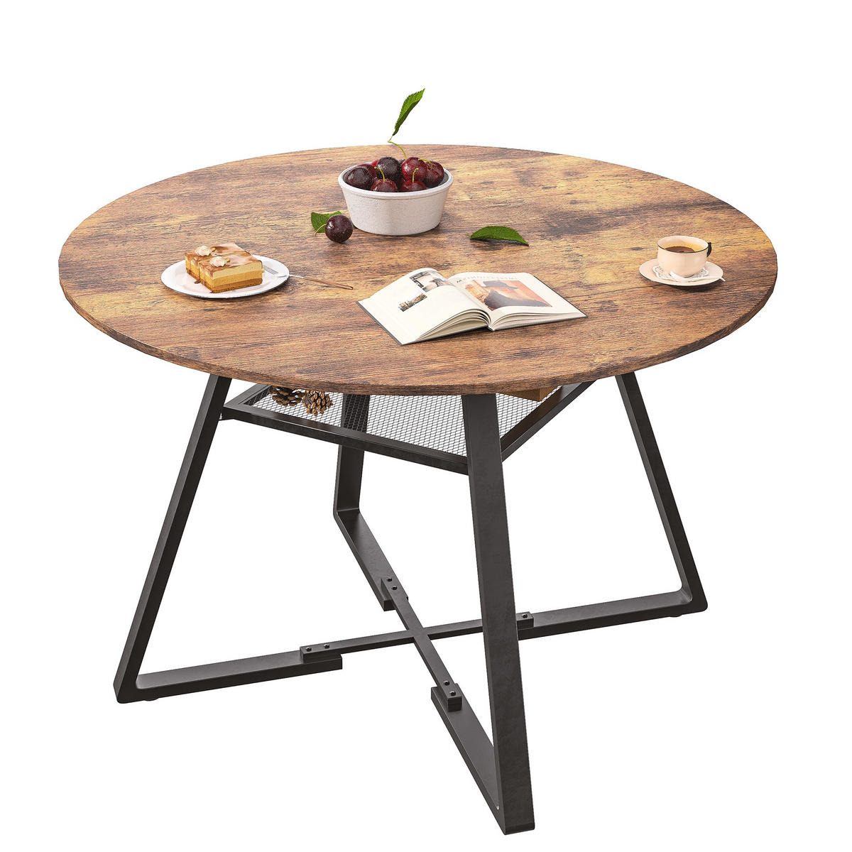 ESSTISCH Rund Ø 120 cm Industrial Design mit Ablagefach, MDF & Metall Schwarz-Braun - Braun, Metall (120/120/75cm) - DELFA