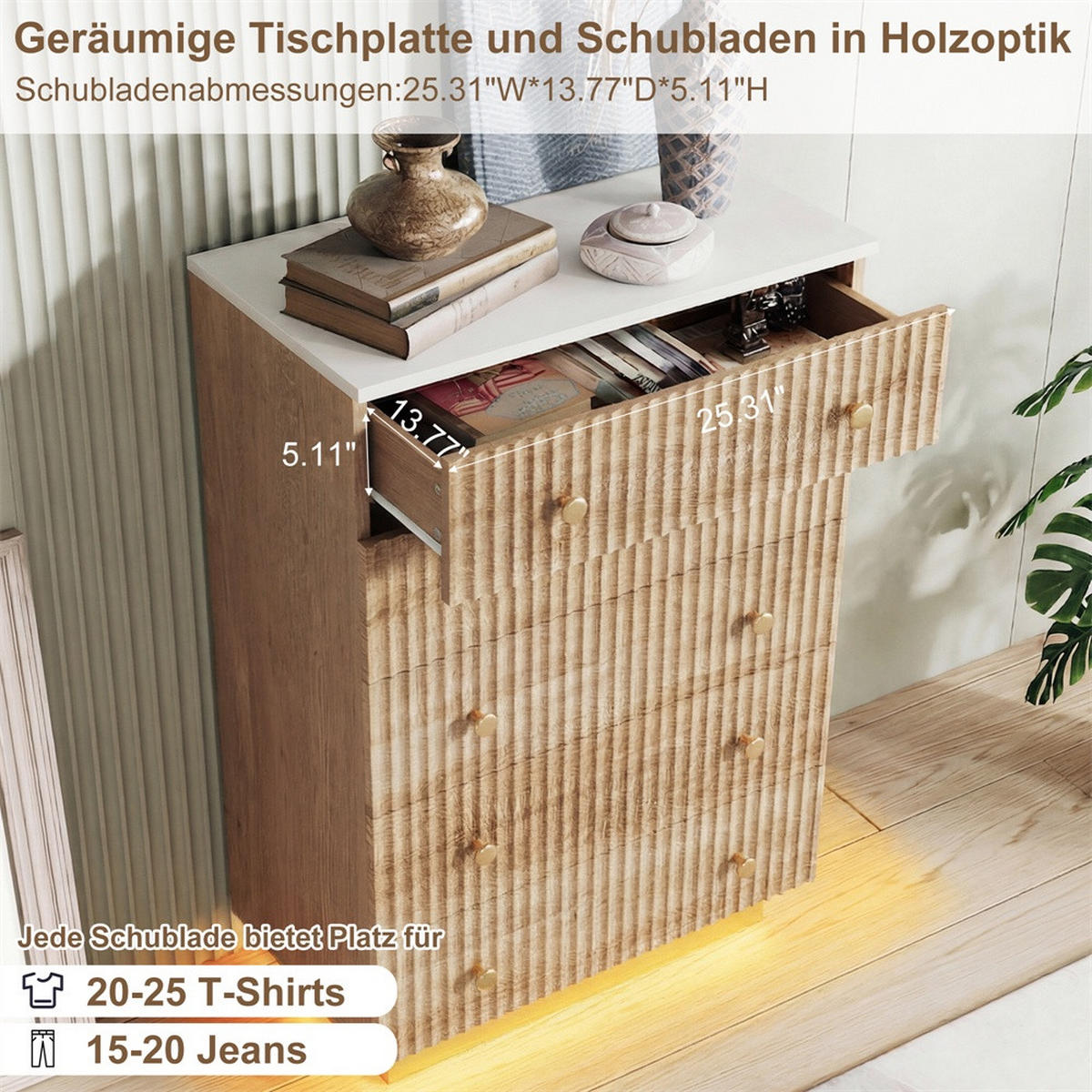 KOMMODE mit 5 Schubladen - stimmungsvolle 3-Farben-LED-Beleuchtung - natürliche Holz-Optik - Eichefarben, Holzwerkstoff (73/111/40cm) - DELFA