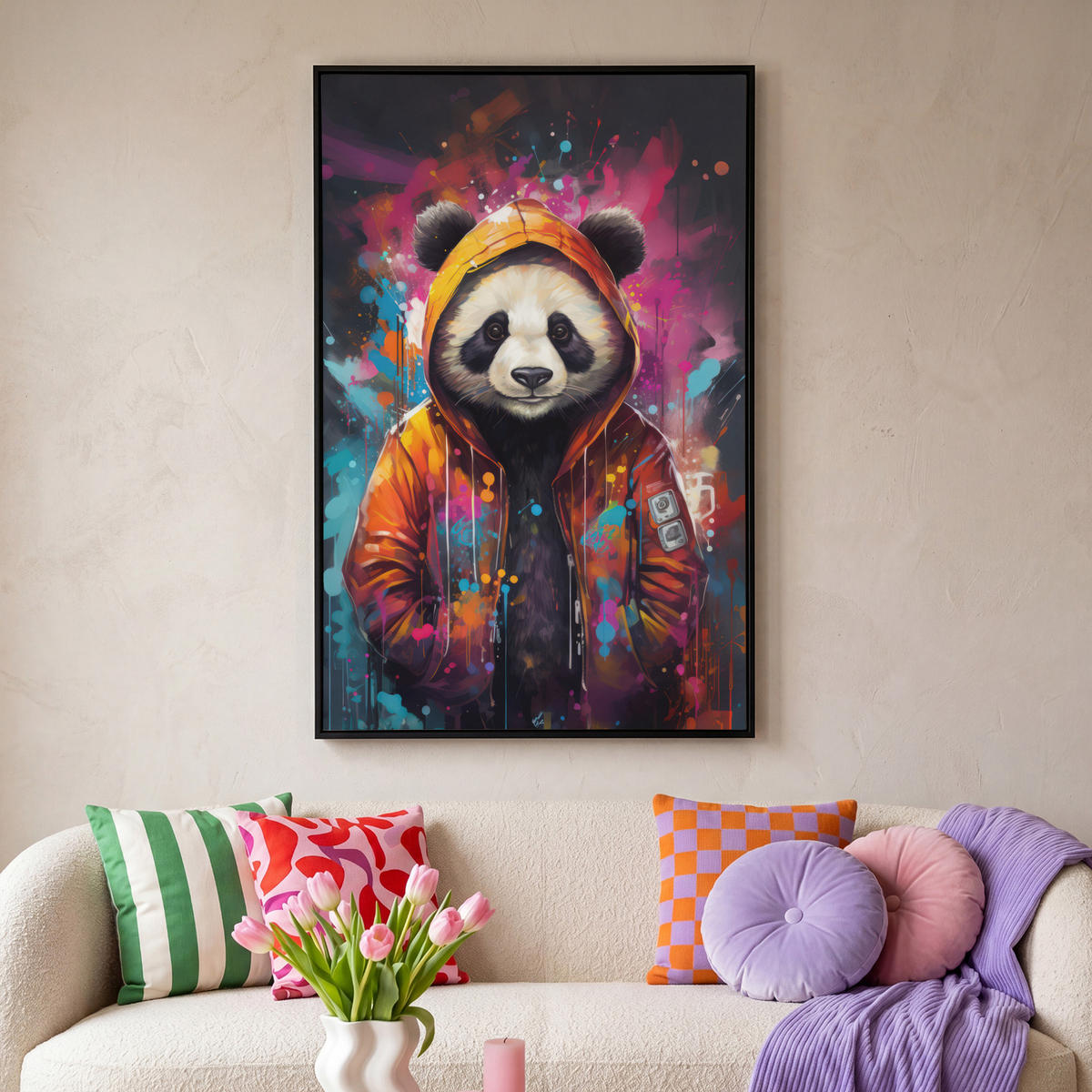LEINWAND Bilder mit Rahmen - Panda - Jacke - Graffiti - Orange - 80x120 - Orange, Textil (80/120cm) - MuchoWow