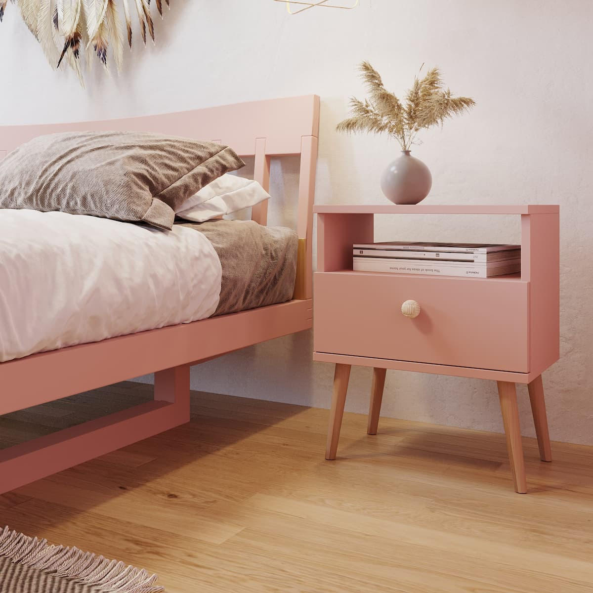 NACHTSCHRANK NATURA 44x31 cm, Pastellrosa, mit Schublade und Fach - Rosa, Holzwerkstoff (44/55.5/31cm) - Excellent Home