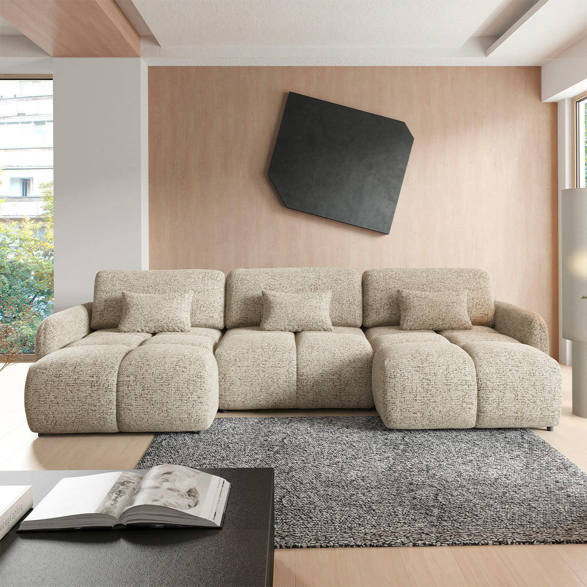 PANORAMASOFA Vittoria 5 Sitzplätze Beige meliert - Beige, Holz (240/95/165cm) - Petits-meubles