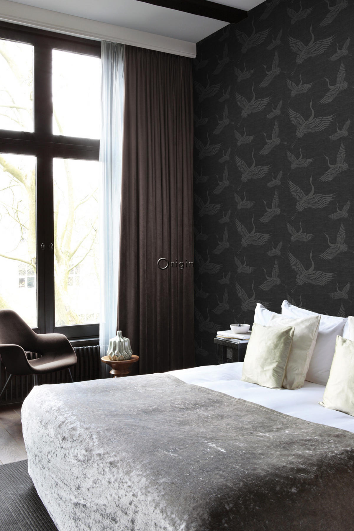 TAPETE Kraniche 53 cm x 10.05 m - Grau, Papier (53/1000cm) - Origin Wallcoverings