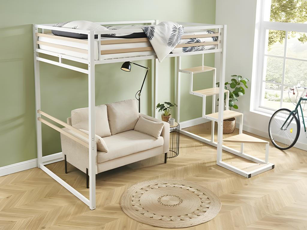 HOCHBETT - 140 x 200 cm - Metall & MDF - Weiß - JOGUI - Weiß, Metall - Vente-Unique