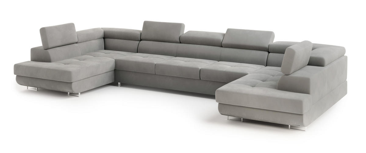 WOHNLANDSCHAFT ISOLANO Hellgrau Velours-Stoff mit Schlaffunktion - Hellgrau, Holz (408/90/202cm) - MASSENO