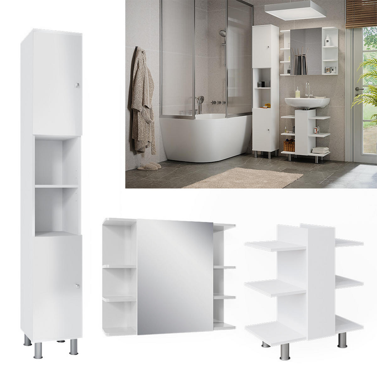 BADMÖBEL-SET Fynn Weiß 3 Teile, mit Hochschrank - Weiß, Holzwerkstoff (79.6/190/36.6cm) - Vicco
