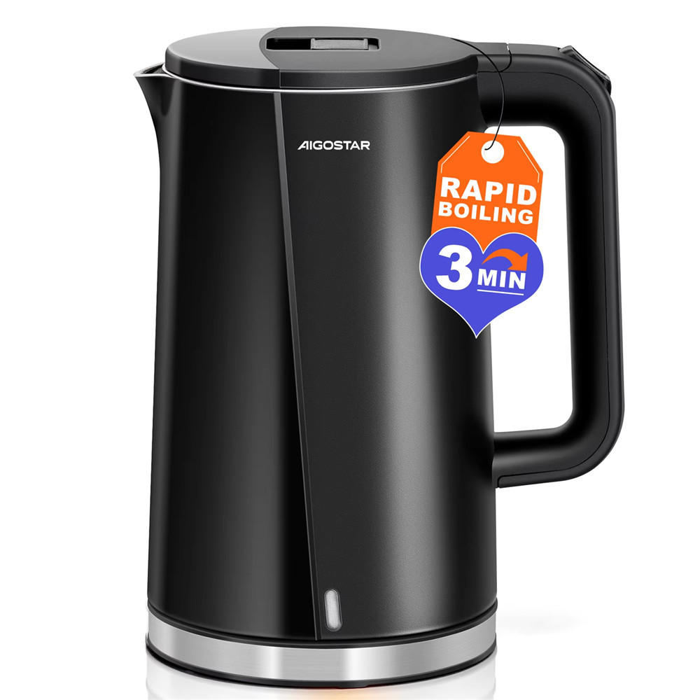 WASSERKOCHER Edelstahl 1,7L – 2200W, Doppelwand, Schwarz - Schwarz, Metall (1/1/1cm) - Coonoor