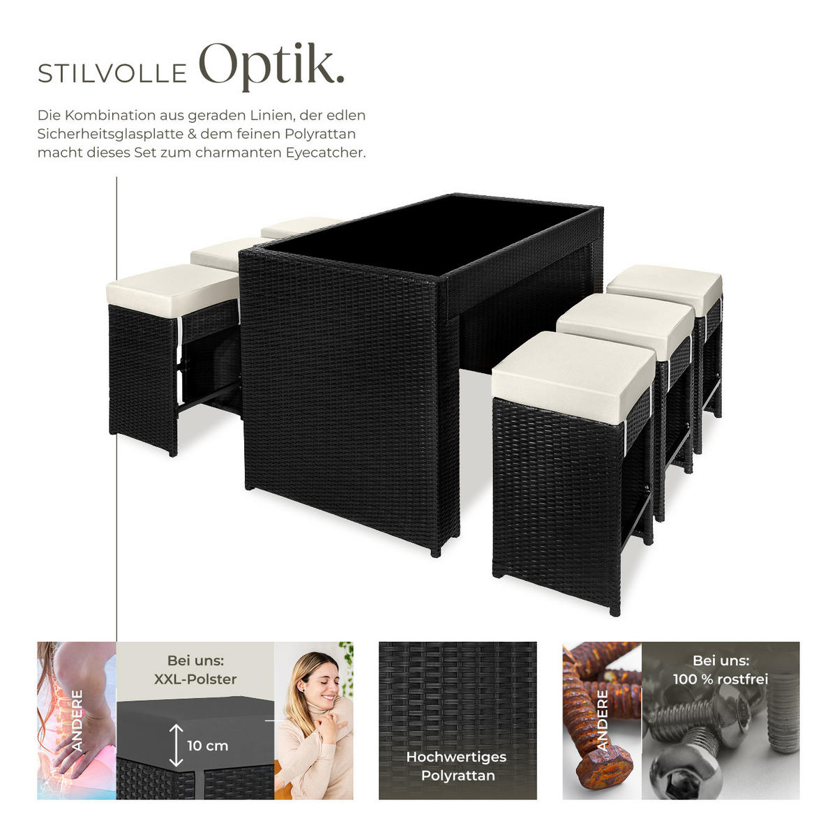 RATTAN BARSET Ibiza,2 Bezugssets,schwarz - Schwarz, Kunststoff - tectake