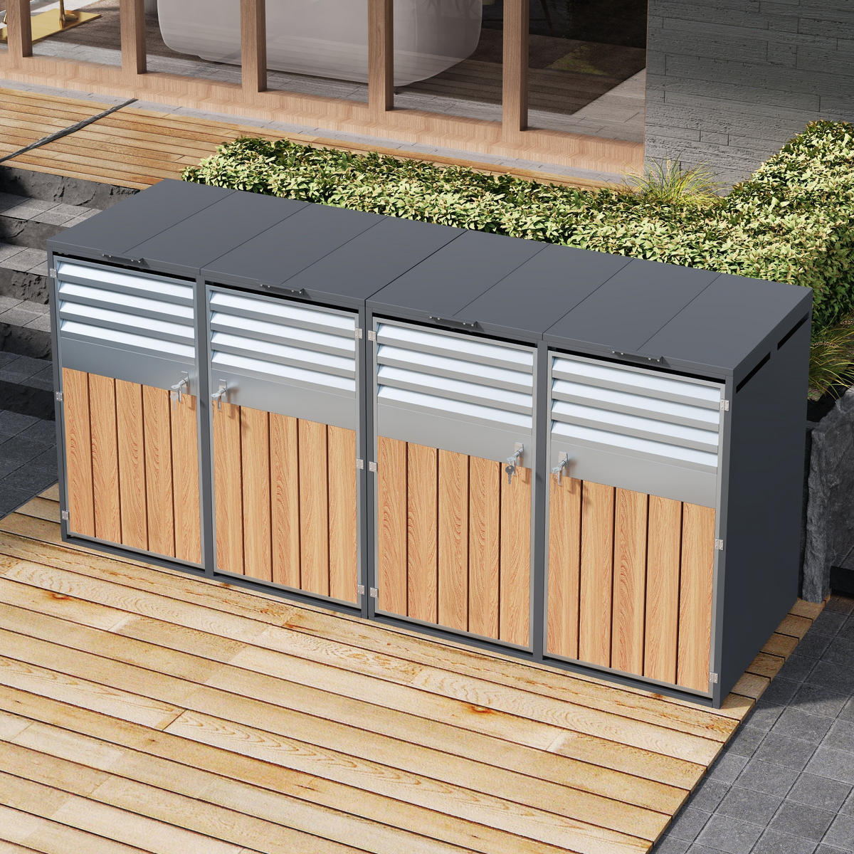 MÜLLTONNENBOX abschließbar 4 Türen Klappdeckel Lamellen - Multicolor, Metall (160/236/264cm) - FLIEKS