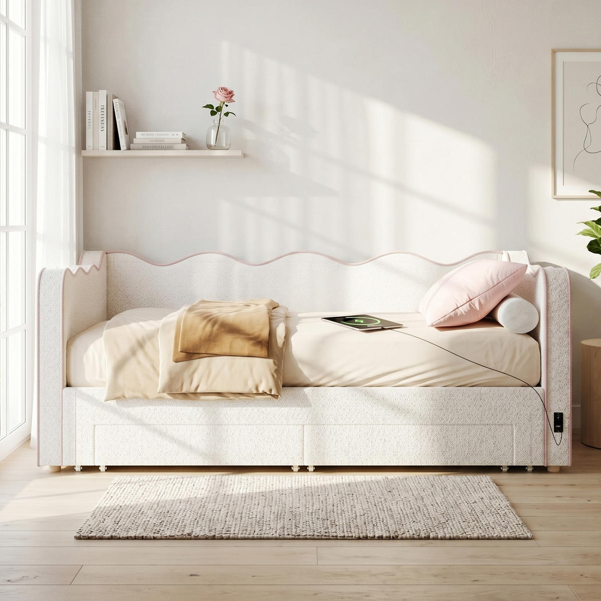 POLSTERBETT 90/200 cm in Beige mit 2 Schubladen, USB und Type-C - Beige, Holzwerkstoff/Textil (90/200cm) - CHICFURN