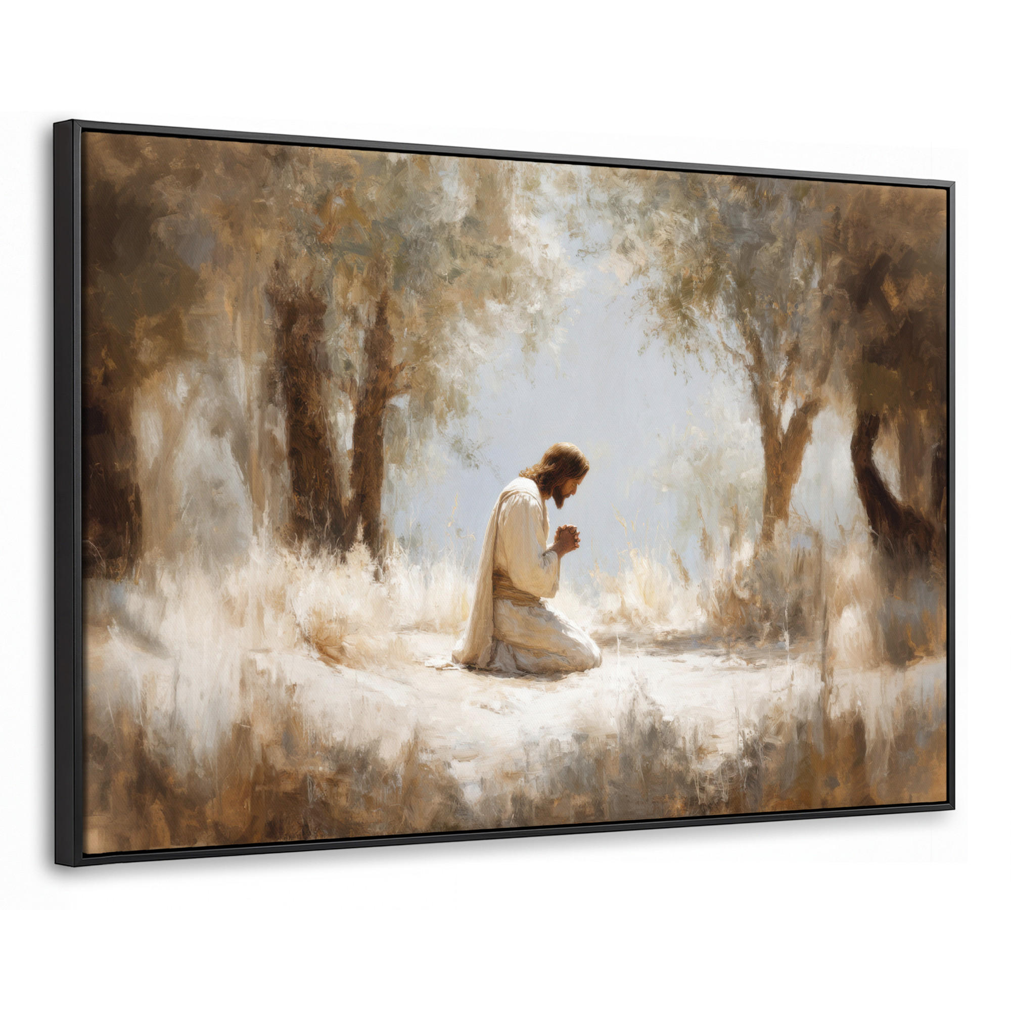 LEINWAND Bilder mit Rahmen - Jesus - Kniend - Waldlandschaft - Betend - 90x60 - Beige, Textil (90/60cm) - MuchoWow