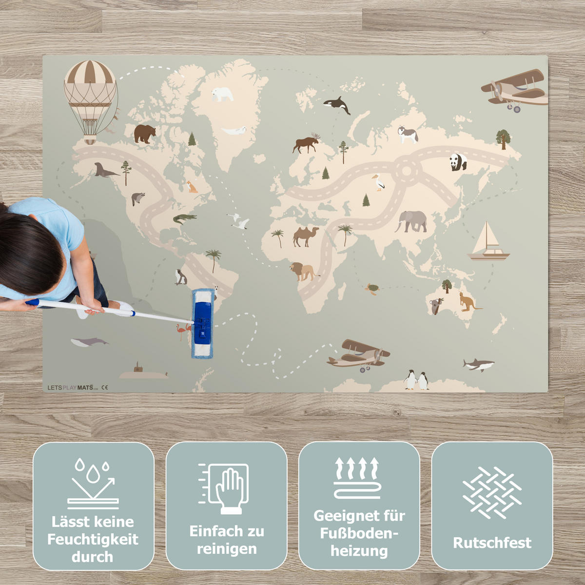 KINDERTEPPICH Weltkarte - Tiere - Flugzeug - Kind - Heißluftballon 180x120 cm - Multicolor, Kunststoff (180/120cm) - MuchoWow