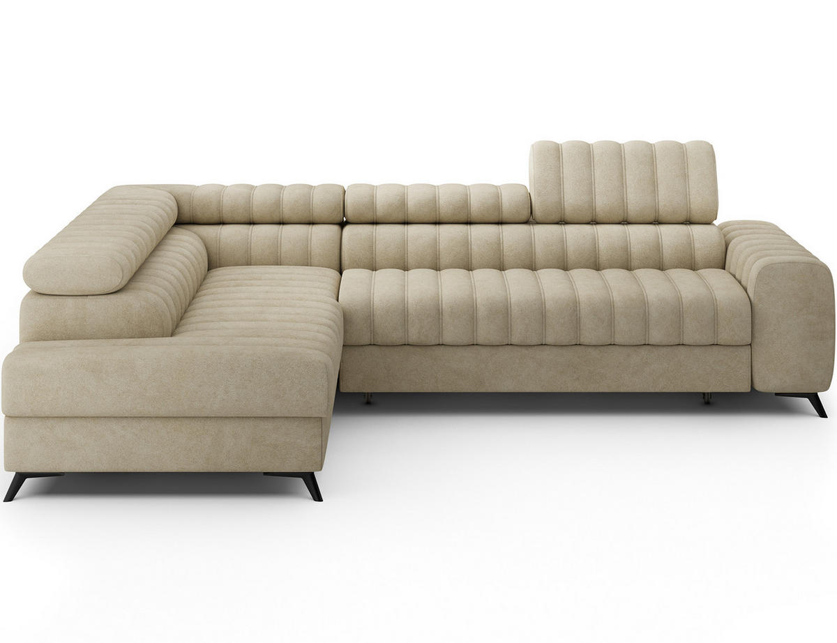 KANEDO Ecksofa mit Schlaffunktion und Bettkasten – Modernes Designsofa, verstellbare Kopfstützen, Metallfüße - Beige, Kunststoff (269/86cm) - Wohnideebilder