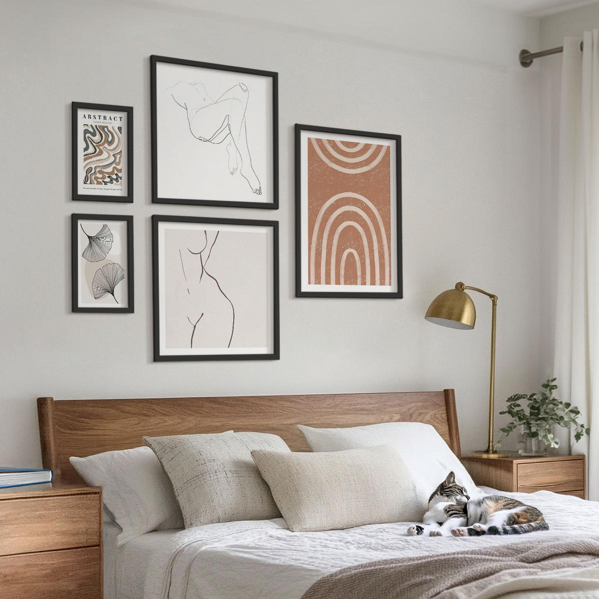 WANDBILDER 5er-Set - 50x50 cm & 20x30 cm & 40x60 cm Schwarzer Rahmen - Abstrakte Boho-Blattformen - Schwarz, Kunststoff (40/60cm) - ArtPrintCave