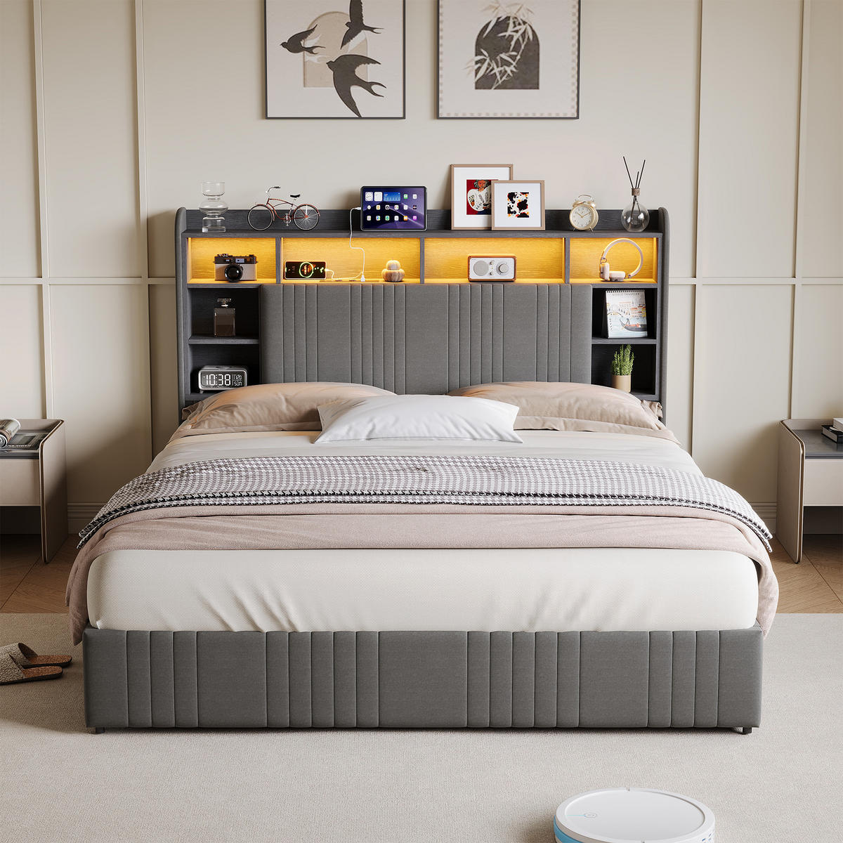 POLSTERBETT 140x200 cm LED USB 4 Schubladen Stauraum Kopfteil Leinen grau - Grau, Holz (140/200cm) - LEBENLANG