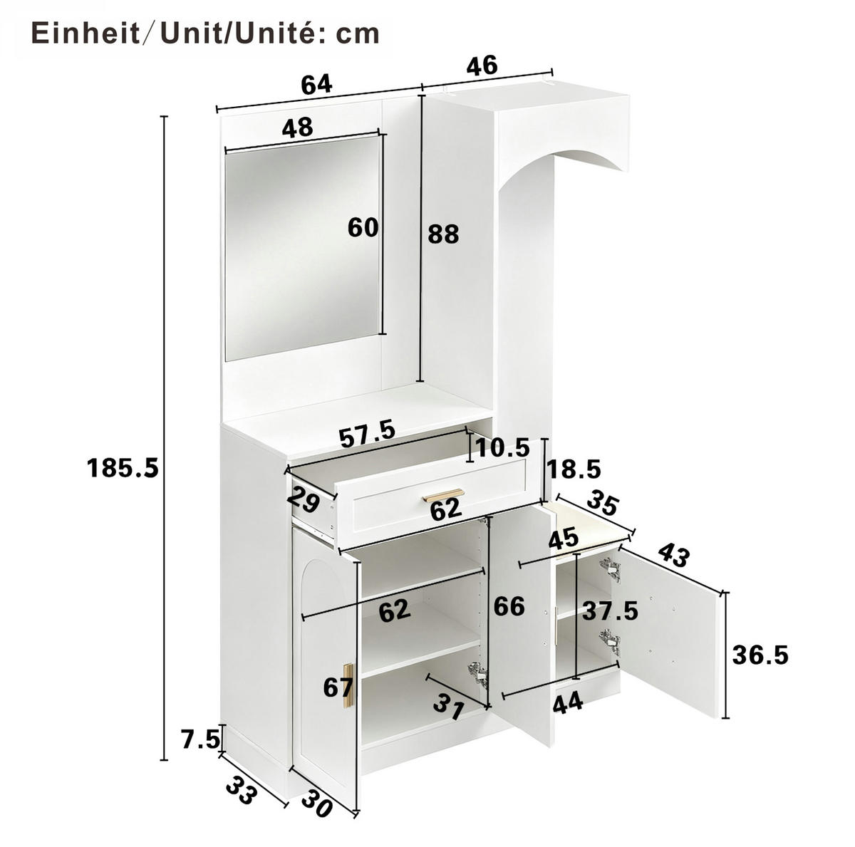 KOMPAKTGARDEROBE 110/33/185,5 cm aus Holzwerkstoff mit Spiegel und Schuhbank Weiß - Weiß, Holzwerkstoff (110/185.5/33cm) - Modenvie