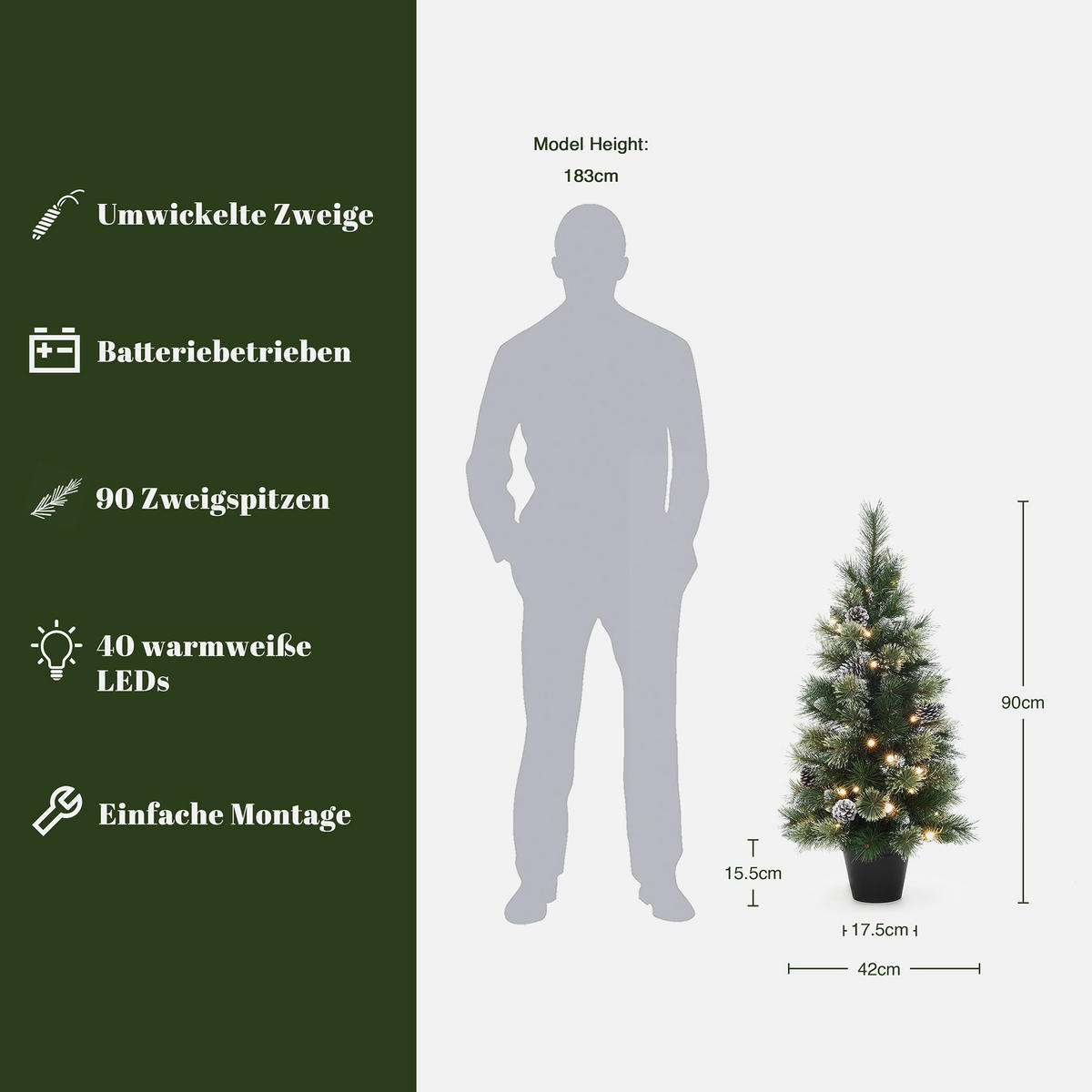 KÜNSTLICHER Weihnachtsbaum mit Beleuchtung und Timer, 90 cm - Grün, Kunststoff (90cm) - Hometopia