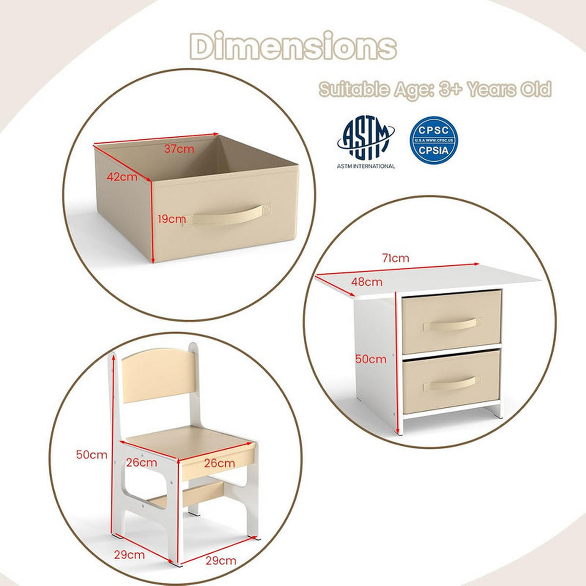 KINDERTISCHE mit Stühlen beige(3-tlg) - Beige, Holzwerkstoff (71/50/48cm) - COSTWAY