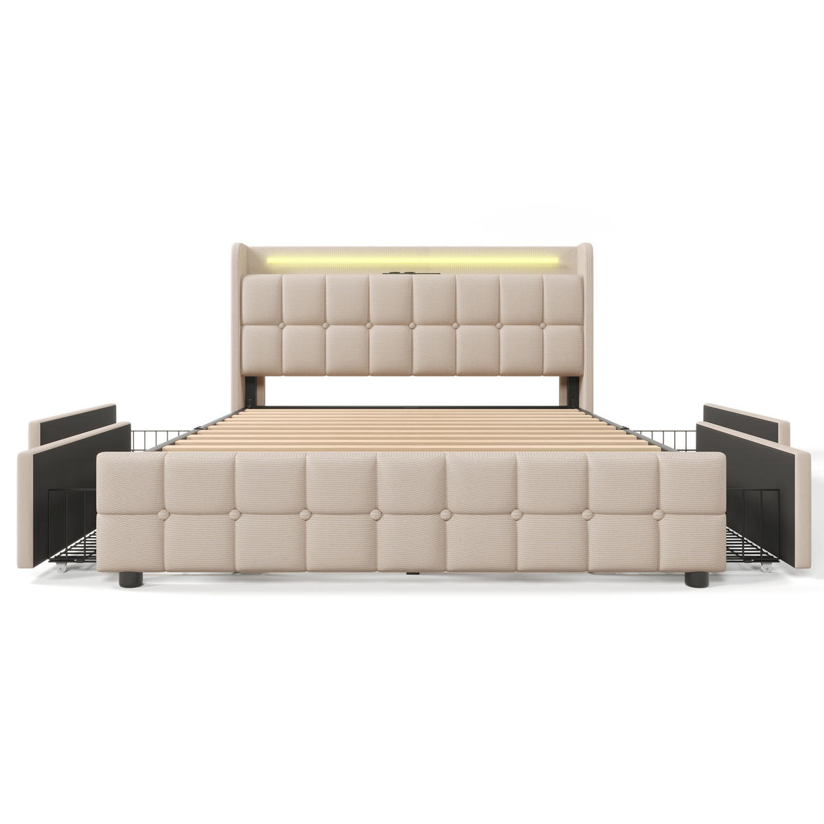 STAURAUMBETT 180/200 cm DE-00233, in Beige, LED und 4 Schubladen - Beige, Holz (180/200cm) - ComfortXL