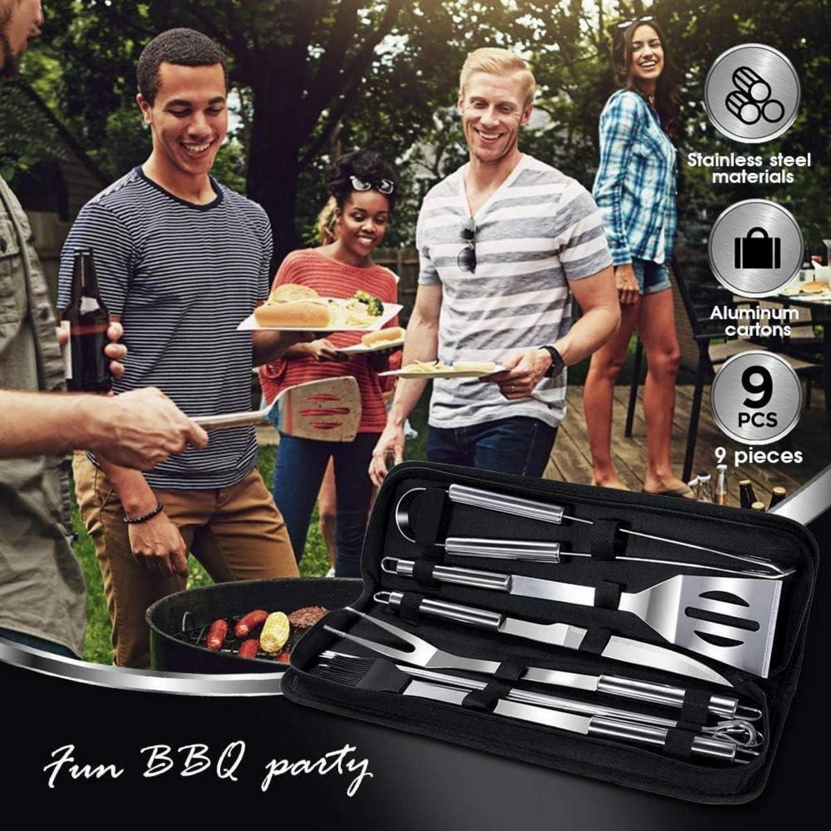 GRILLBESTECK-SET 9-teilig mit Grillhandschuhen Hitzebeständig bis 800°C Schwarz - Schwarz, Metall (38.5cm)