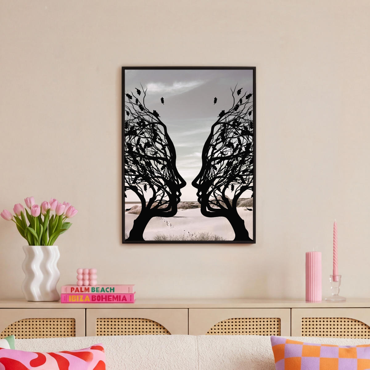 LEINWAND Bilder mit Rahmen - Strand - Meer - Menschen - Baum - Moderne Kunst - 60x80 - Hellgrau, Textil (60/80cm) - MuchoWow