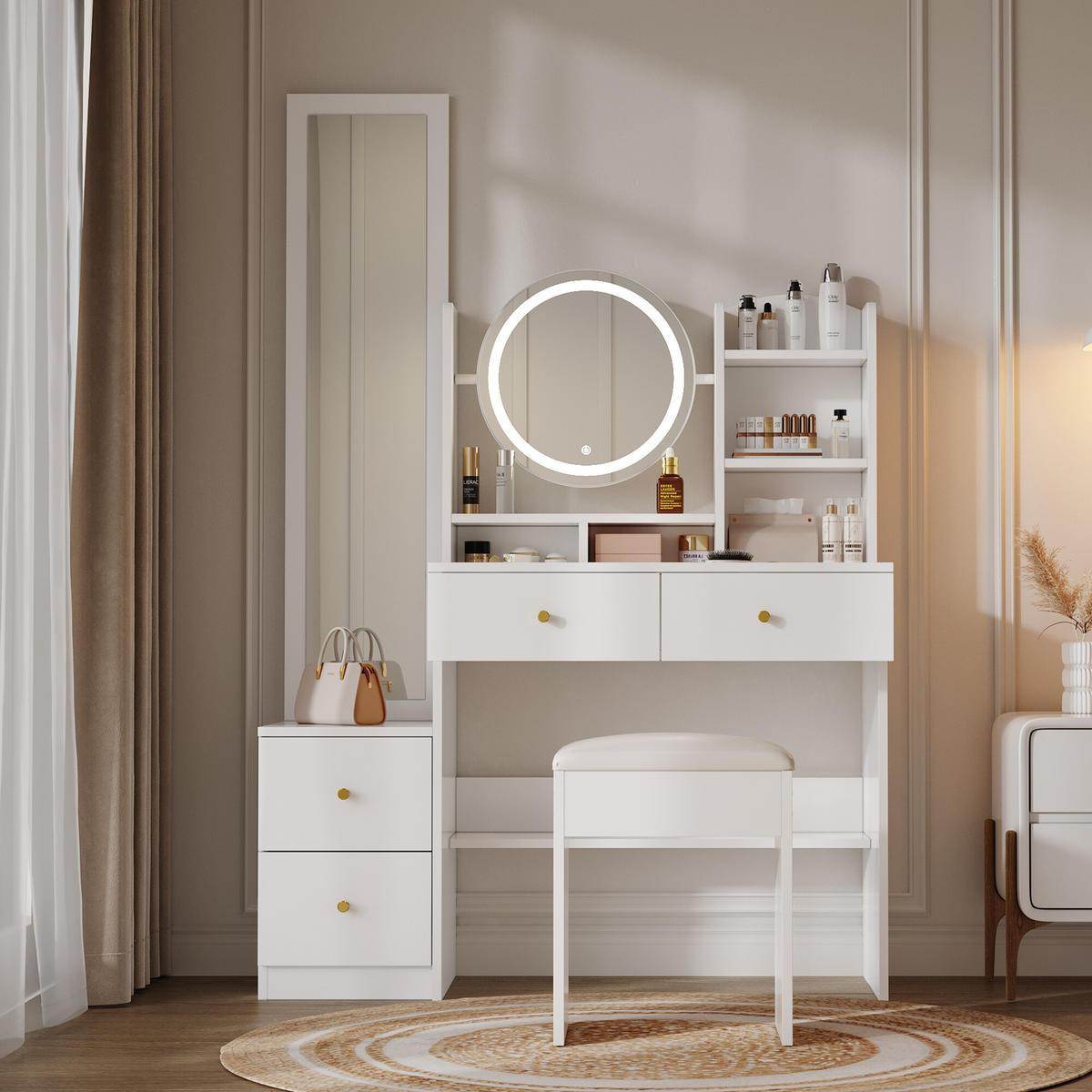 SCHMINKTISCH mit Hocker Weiß 109/36/164 CM - Weiß, Glas/Holzwerkstoff (36/164/109cm) - Urban Meuble