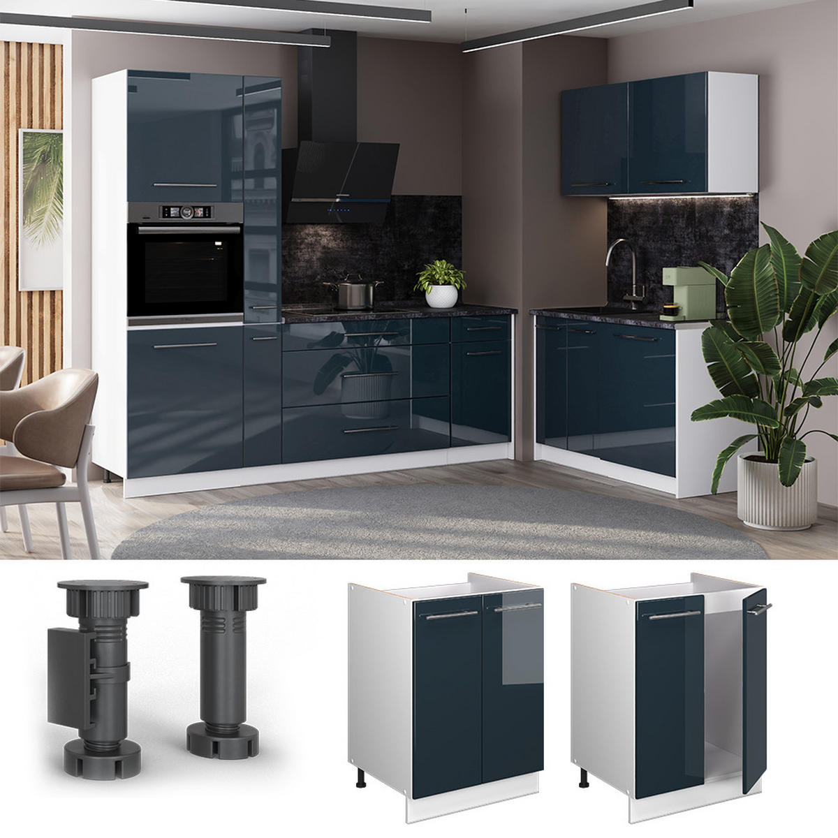 SPÜLENUNTERSCHRANK Fame-Line, Dunkelblau Hochglanz/Weiß, 60 cm - Weiß/Dunkelblau, Holzwerkstoff (60/82/60cm) - Vicco