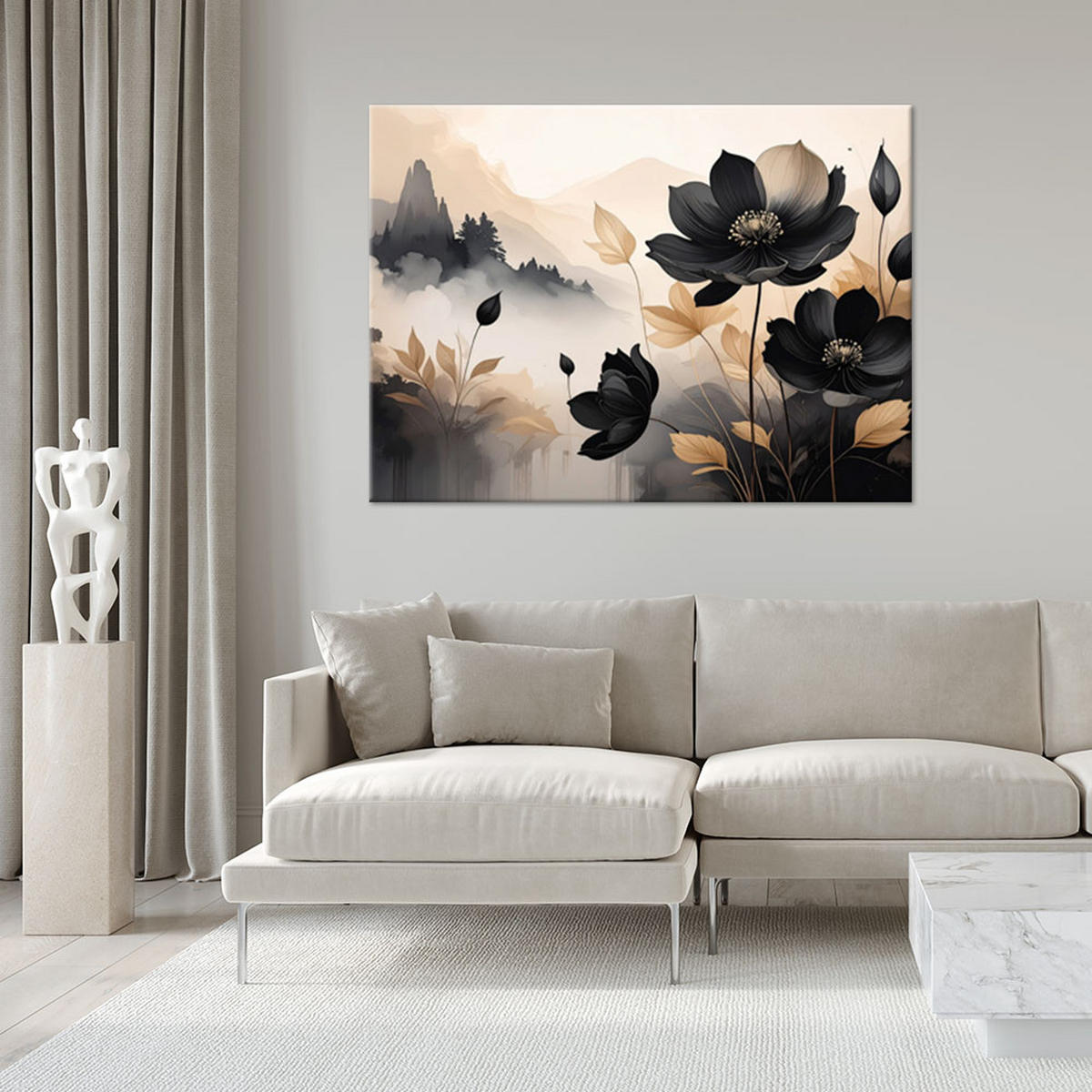 WANDBILD, Schwarze Blumen Landschaft in beige - Beige, Textil (100/70cm) - Feeby