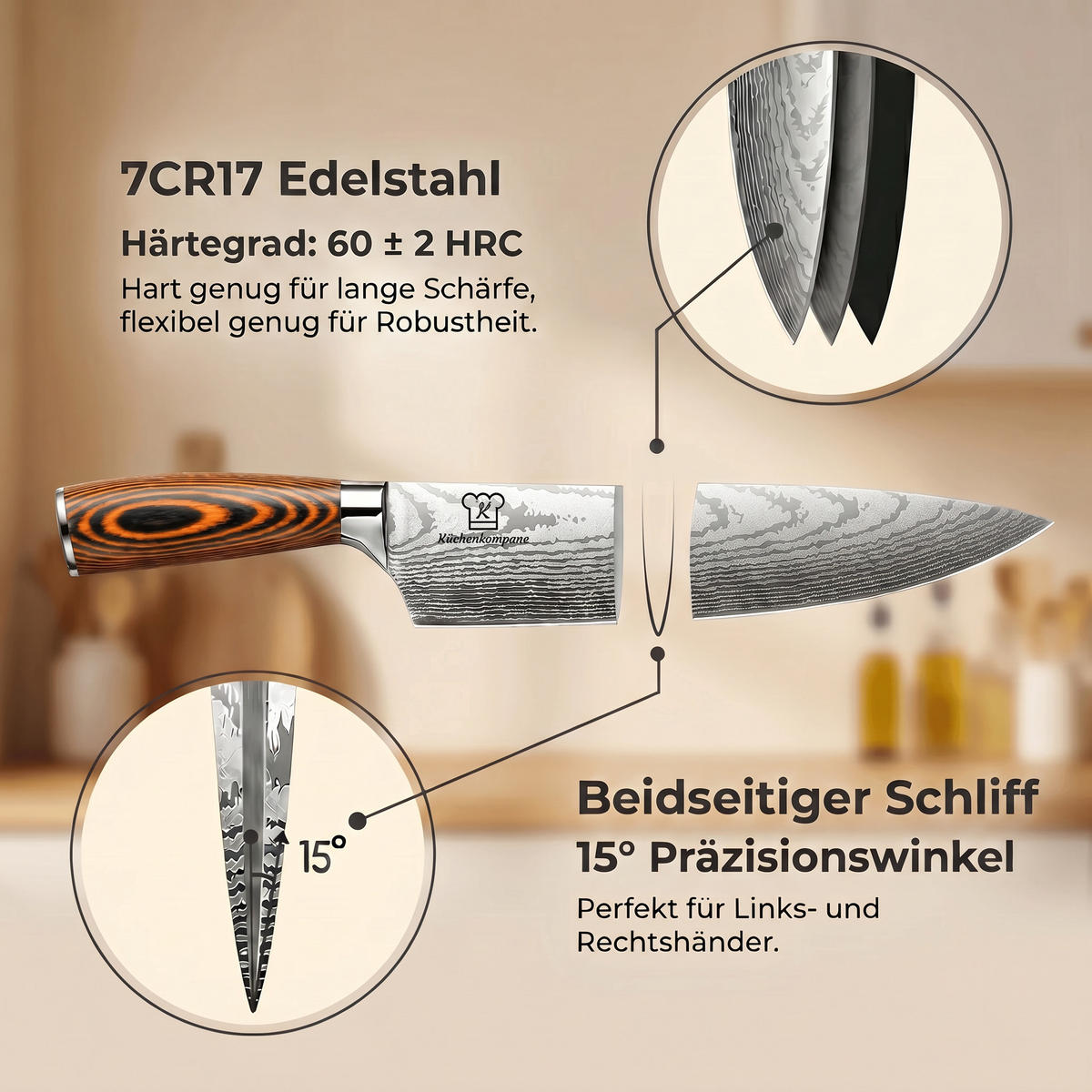 MESSER-SET 8-tlg. mit Edelstahlklingen und ergonomischen Pakkaholz-Griffen - Braun, Holz/Metall - Küchenkompane