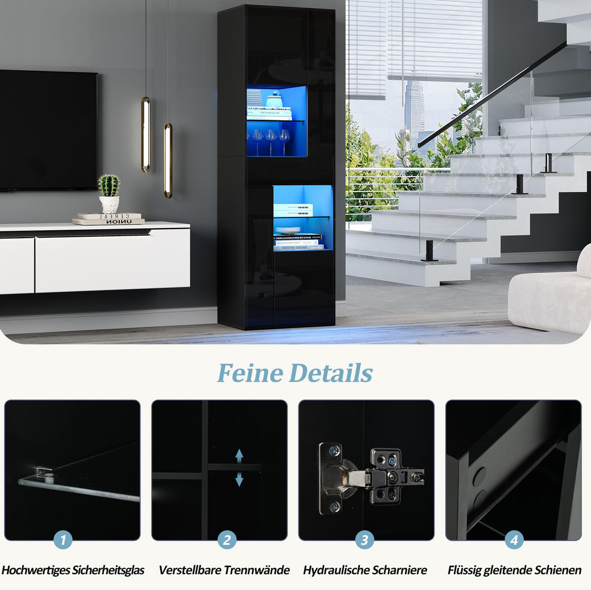 VITRINE 55/38/170 cm in Schwarz mit LED-Beleuchtung und Hochglanzfront - Schwarz, Holzwerkstoff (55/170/38cm) - Flora Grace
