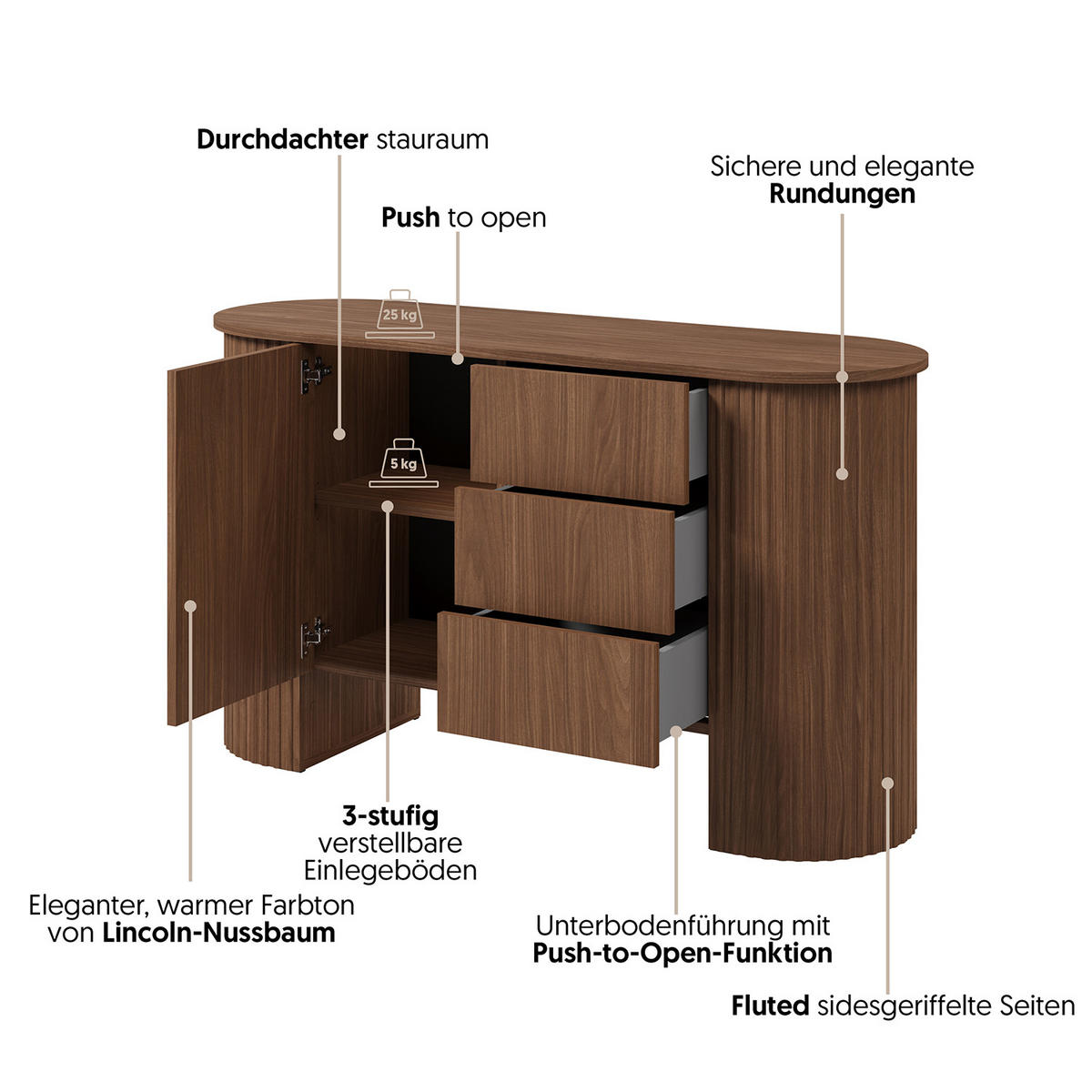 KOMODA Carlo s 1 dvířky a 3 zásuvkami, Push-To-Open, 140 cm, ořech - barva vlašského ořechu, kompozitní dřevo (139/80/45cm) - Beautysofa