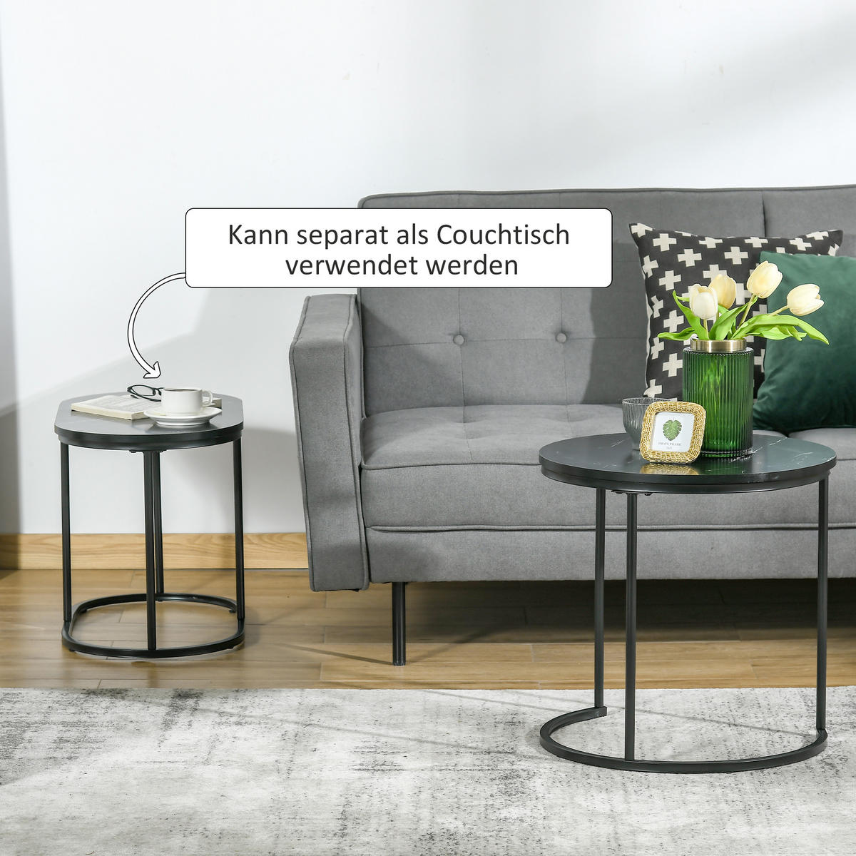 2ER Set Couchtisch Satztisch Rund mit Faux Marmor Seite bis 30 kg Stahl Schwarz - Schwarz, Holzwerkstoff/Metall (50/50/50.5cm) - HOMCOM