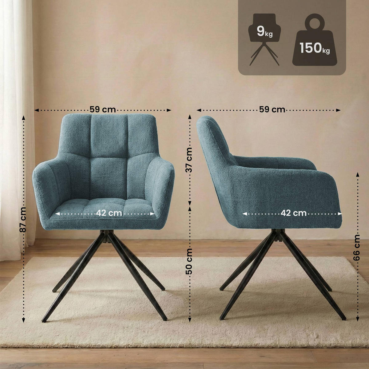 ARMLEHNENSTUHL Stoff Türkis - Türkis/Schwarz, Textil/Metall (59/87/59cm) - CLP