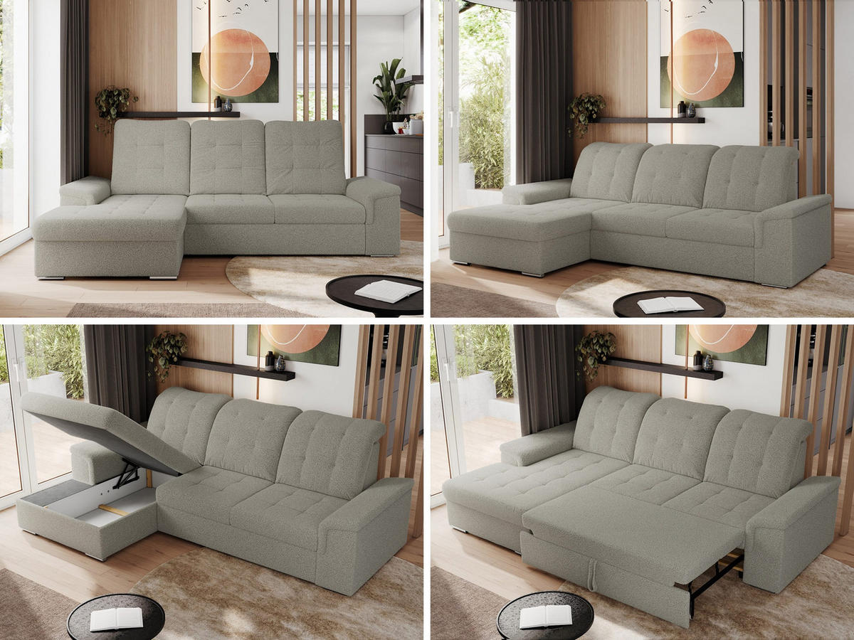 ECKSOFA MADRITO L - Hellgrau Boucle - Links - Silberfarben/Hellgrau, Textil/Metall (160/256cm)