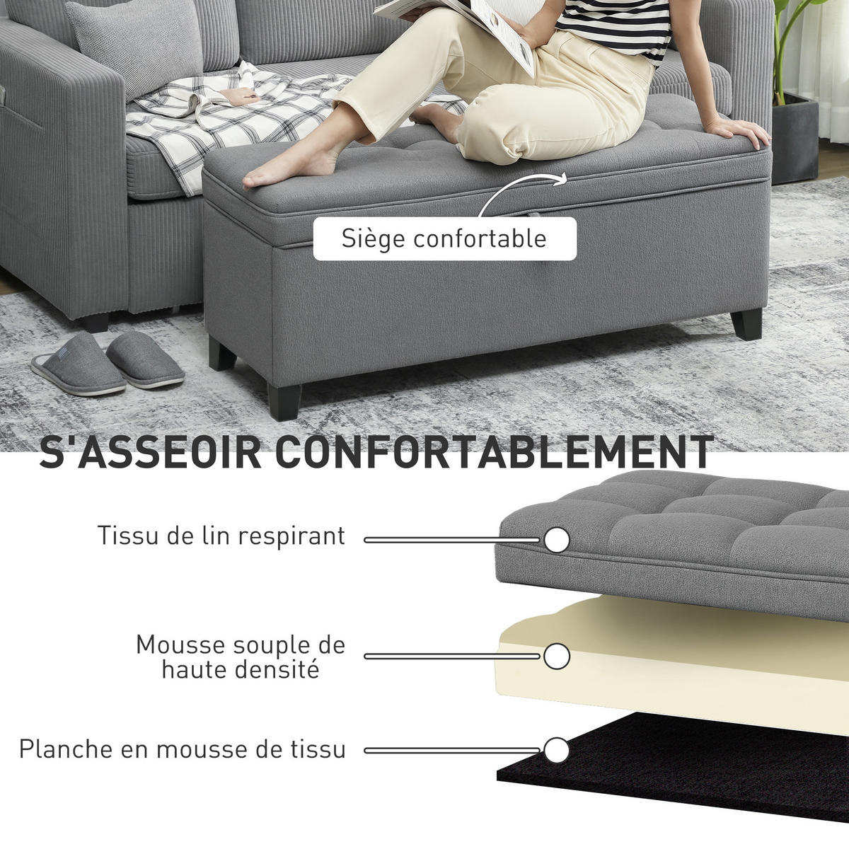 TRUHENBANK DE-16426 mit großem Stauraum (112 L) und Knopfheftung Dunkelgrau - Dunkelgrau, Textil (120/48/40cm) - ComfortXL