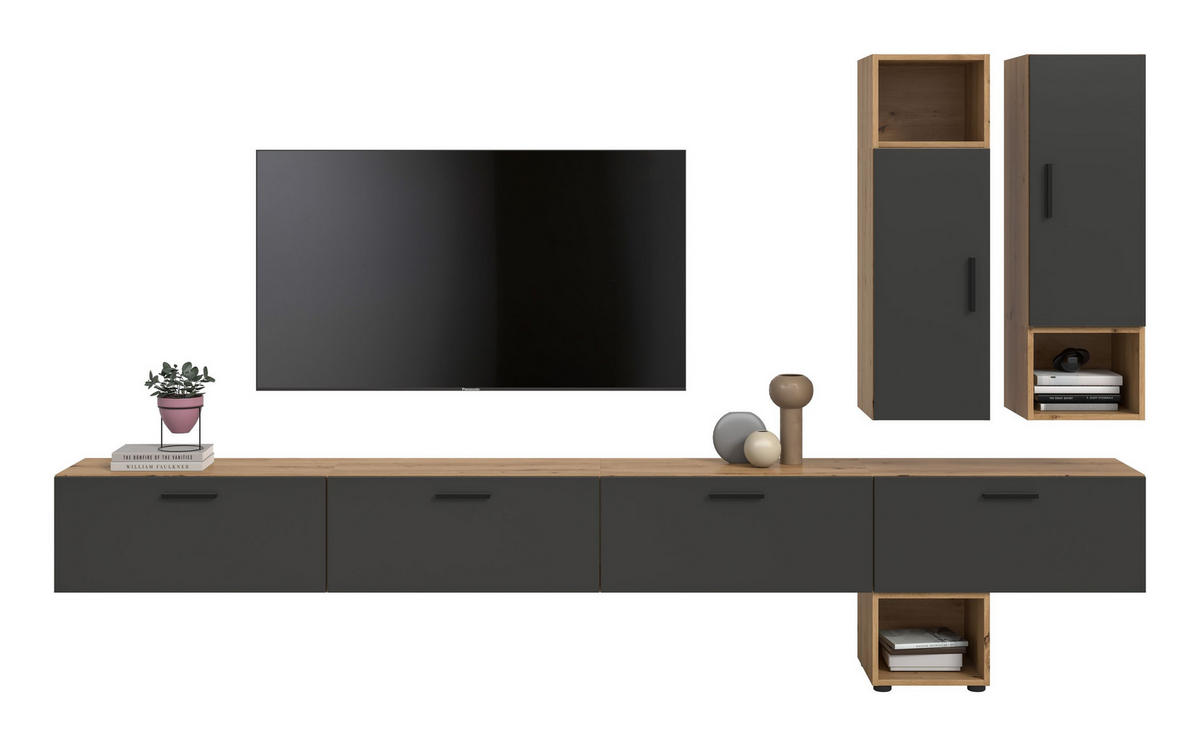 WOHNWAND Primo 6 tlg. (B/H/T: ca. 300/178/34 cm) in Artisan Oak /Basalt grau - Eiche Artisan, Holzwerkstoff (300/178/34cm)