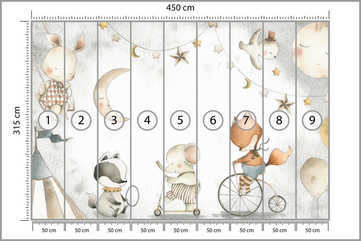 FOTOTAPETE für Kinderzimmer Zirkus Tiere Elefant Fuchs Monde Sterne 450x315 - Gelb/Beige, Papier (450/315cm) - Muralo