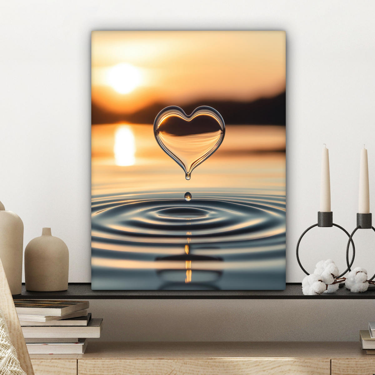 LEINWANDBILD - Herz - Wasser - Sonnenuntergang - Natur - Zen - 30x40 - Bilder - Bernsteinfarben, Textil (30/40cm) - MuchoWow