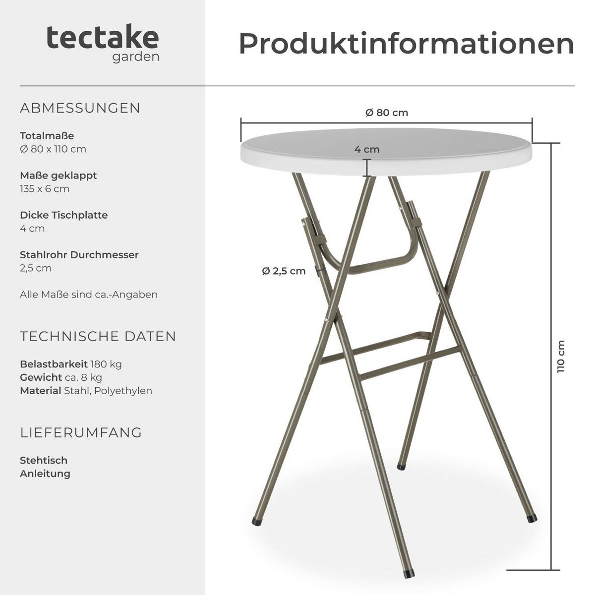 STEHTISCH Pascal,standfest mit bodenschonenden Kunststofffüßen,weiß - Weiß, Metall (80/80/110cm) - tectake