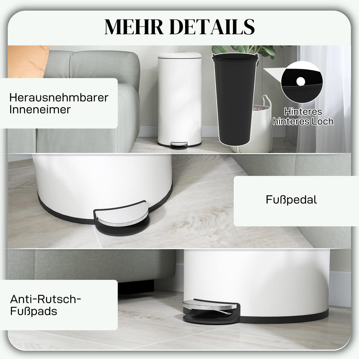 MÜLLEIMER 30L Treteimer, Metall, 36 x 30 x 63,5 cm - Weiß, Kunststoff (36/63.5/30cm) - HOMCOM