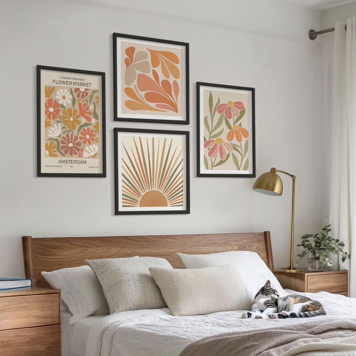 BILDER SET 4er Set - 50x50 cm & 40x60 cm Schwarzer Rahmen - Pastellfarbene Sonnenblumen - Schwarz, Kunststoff (50/50cm) - TULUP