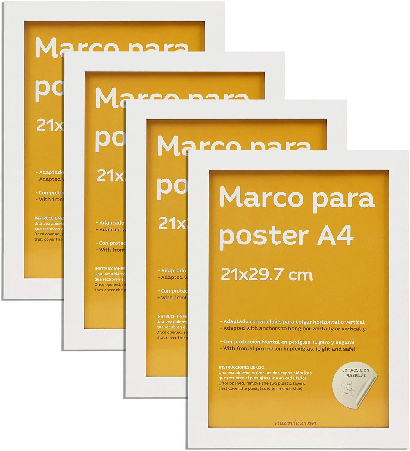 RAHMEN Set mit 4 aus MDF und Acrylglas Schutz und Aussteller für Fotografien, Bilder, Poster, Gemälde, Dekoration für Haus Farbe Weiß A4 - Weiß, Holz (21/3/29.7cm) - Nacnic