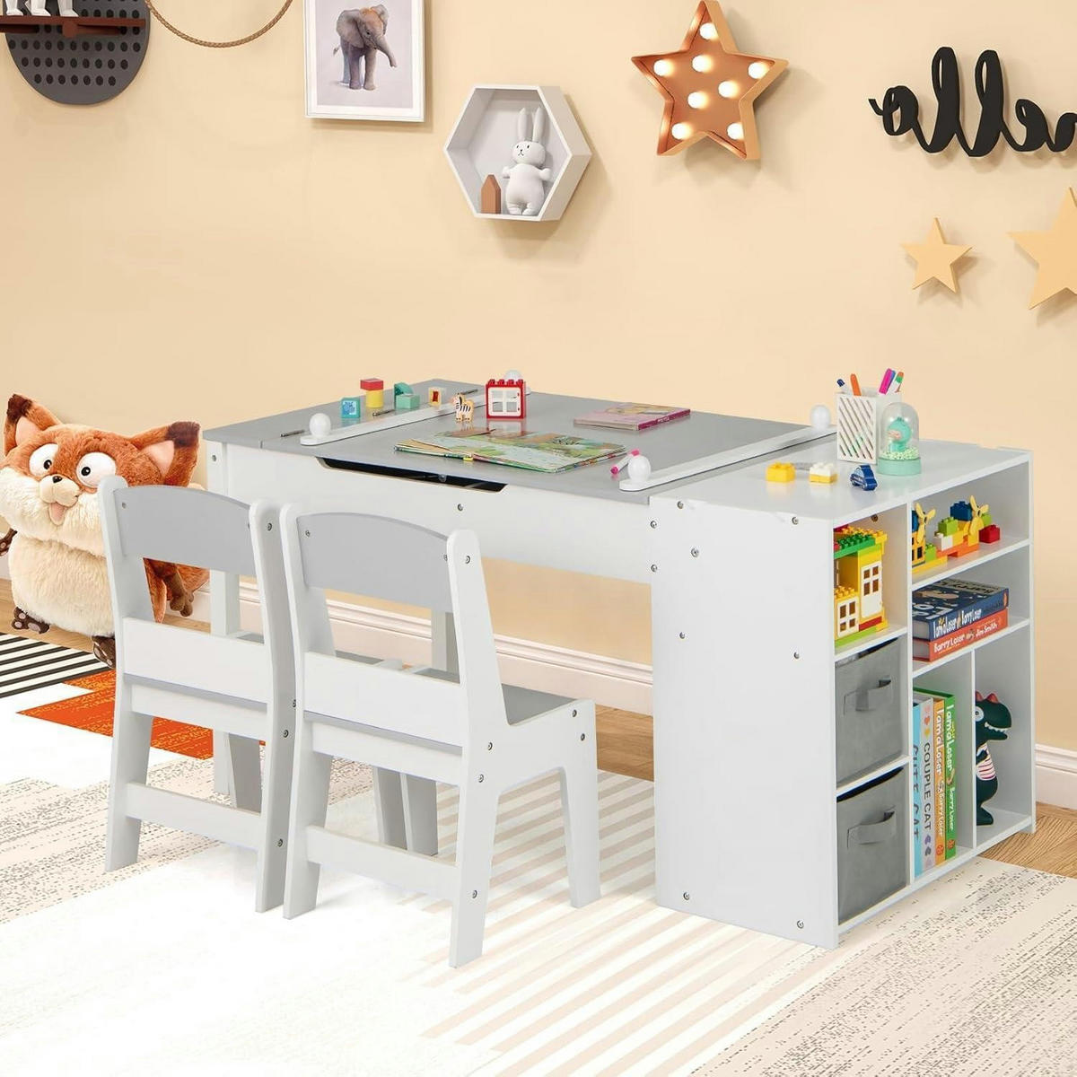 KINDERTISCH mit 2 Stühlen 3-teiliges Set Grau - Weiß, Holz (60/60/120cm)