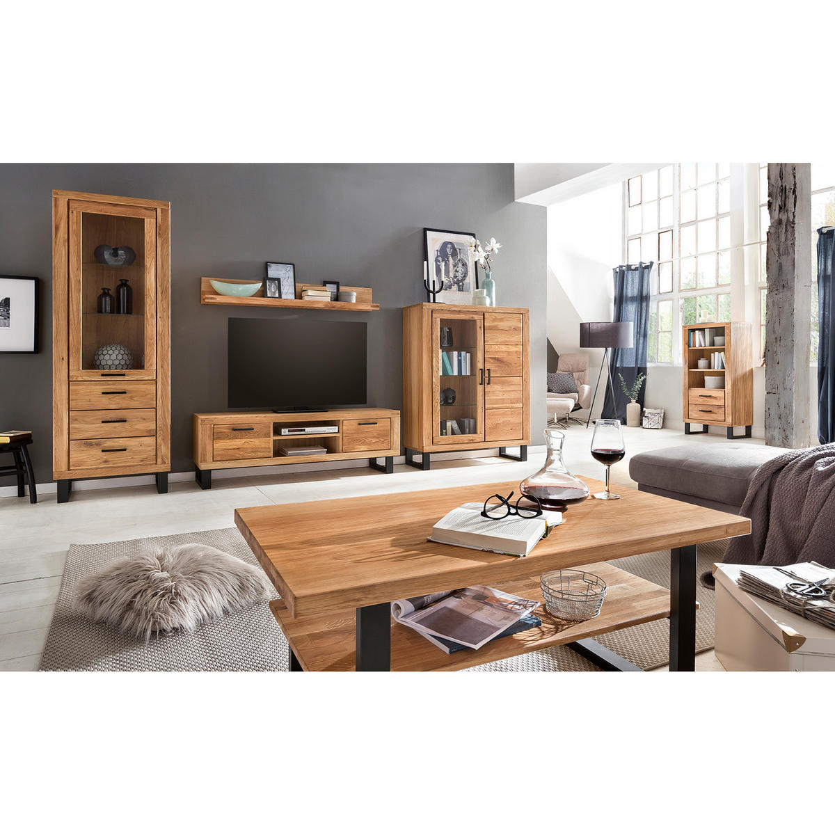 COUCHTISCH - Eiche massiv / Metall - Eiche / Schwarz - Schwarz/Braun, Holz/Holzwerkstoff (65/115/46cm) - home24