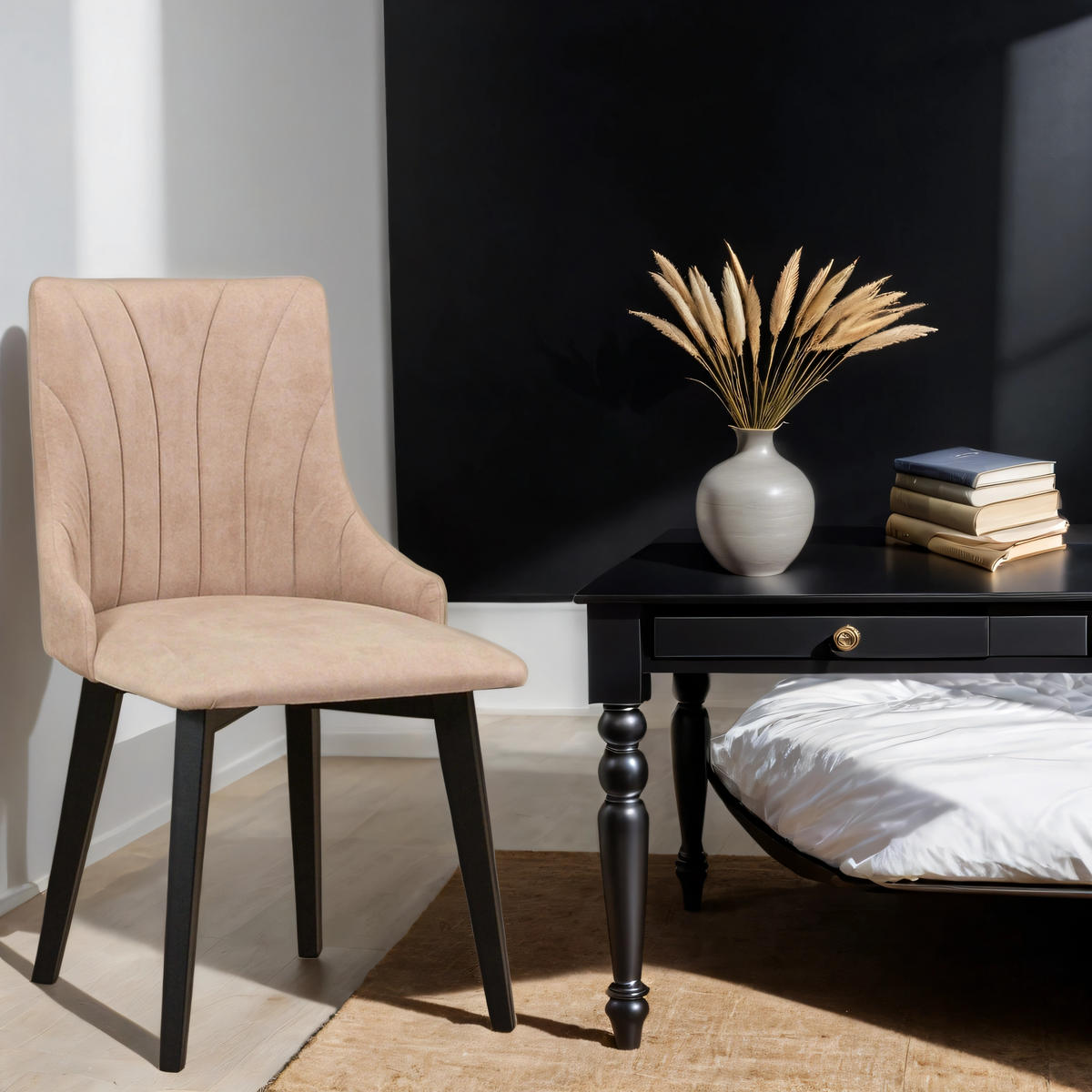 ESSZIMMERSTUHL 4x "MONTI 5", schwarz, zetta 291, Nähte: Muschel - Ecru/Beige, Holz (43/83/40cm) - Leaf Design